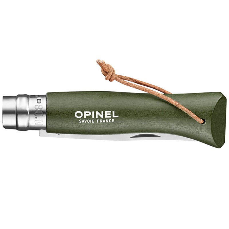 Opinel سكين أوبينيل No8 القابلة للطي من الفولاذ المقاوم للصدأ مع حبل جلد وكهرماني أخضر مصبوغ، شفرة بطول 8.5 سنتيمتر - Image 3