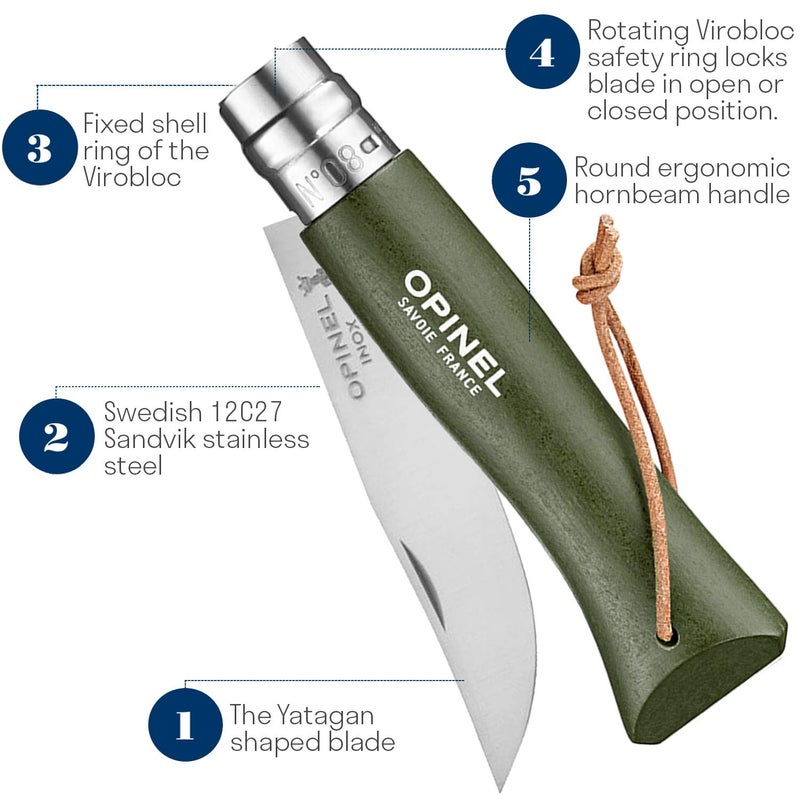 Opinel سكين أوبينيل No8 القابلة للطي من الفولاذ المقاوم للصدأ مع حبل جلد وكهرماني أخضر مصبوغ، شفرة بطول 8.5 سنتيمتر - Image 5