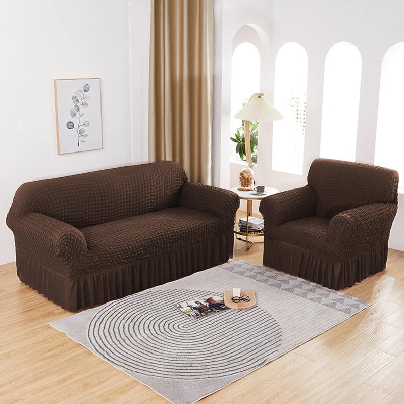 Lukzer غطاء أريكة تركي قابل للتمدد 5 مقاعد من لوكزر 320 GSM واقي أريكة عالمي قماش فقاعات مع حواف مرنة لون بني قهوة SC09705 - Image 2