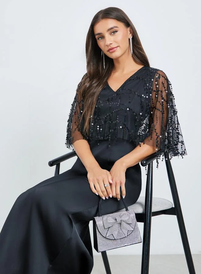 Styli Black Sequin A-Line Maxi Dress