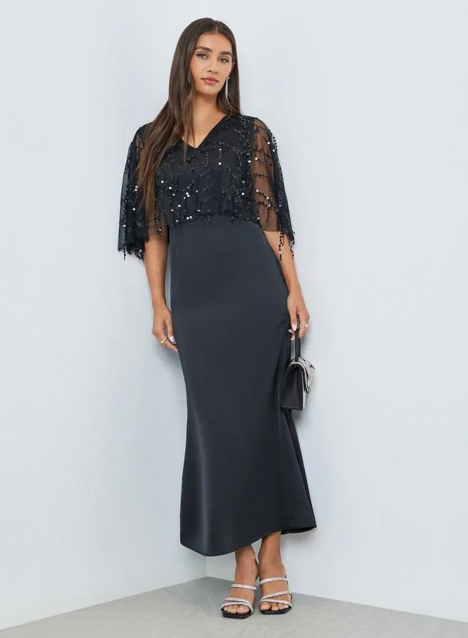 Styli Black Sequin A-Line Maxi Dress