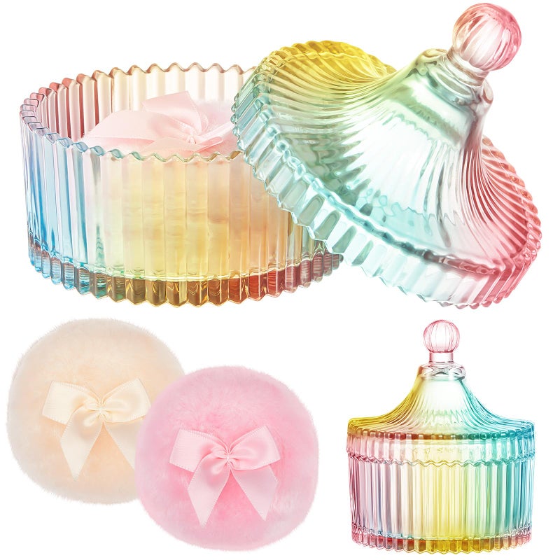 Tioncy 3 Pcs Large Body Powder Puff and Container Powder Container with Puff Crystal Case Soft Washable Reusable Velour Face Body Glitter Wet Dry MakeupSimpleColorful