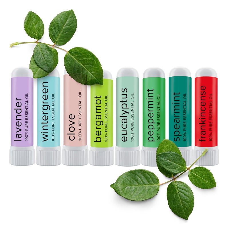 MOX Nasal Inhalers Bundle 8 Essential Oils 100 Pure and Undiluted Therapeutic Grade NoMess Portable Aromatherapy Includes Eucalyptus Peppermint Lavender Wintergreen Made in USA Pack of 8