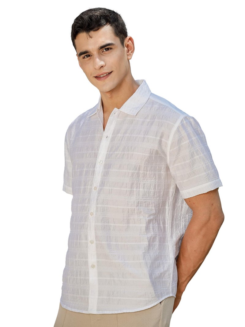 Thomas Scott Men | Short Sleeves | Horizontal Stripes | Nylon Rayon | Spread Collar | Casual Shirt(TS1735_White_L) - Image 1
