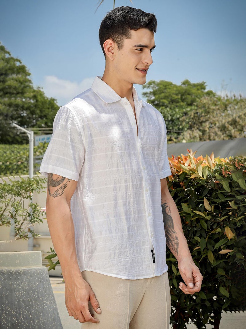 Thomas Scott Men | Short Sleeves | Horizontal Stripes | Nylon Rayon | Spread Collar | Casual Shirt(TS1735_White_L) - Image 2