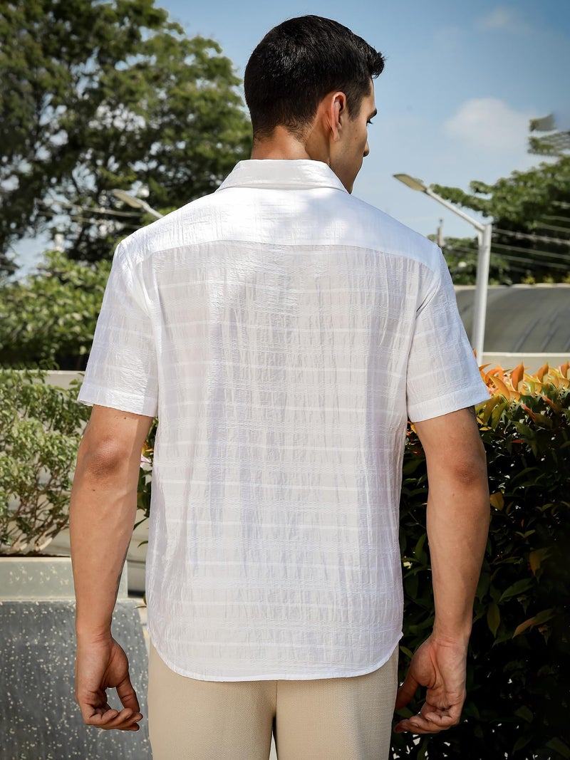Thomas Scott Men | Short Sleeves | Horizontal Stripes | Nylon Rayon | Spread Collar | Casual Shirt(TS1735_White_L) - Image 3