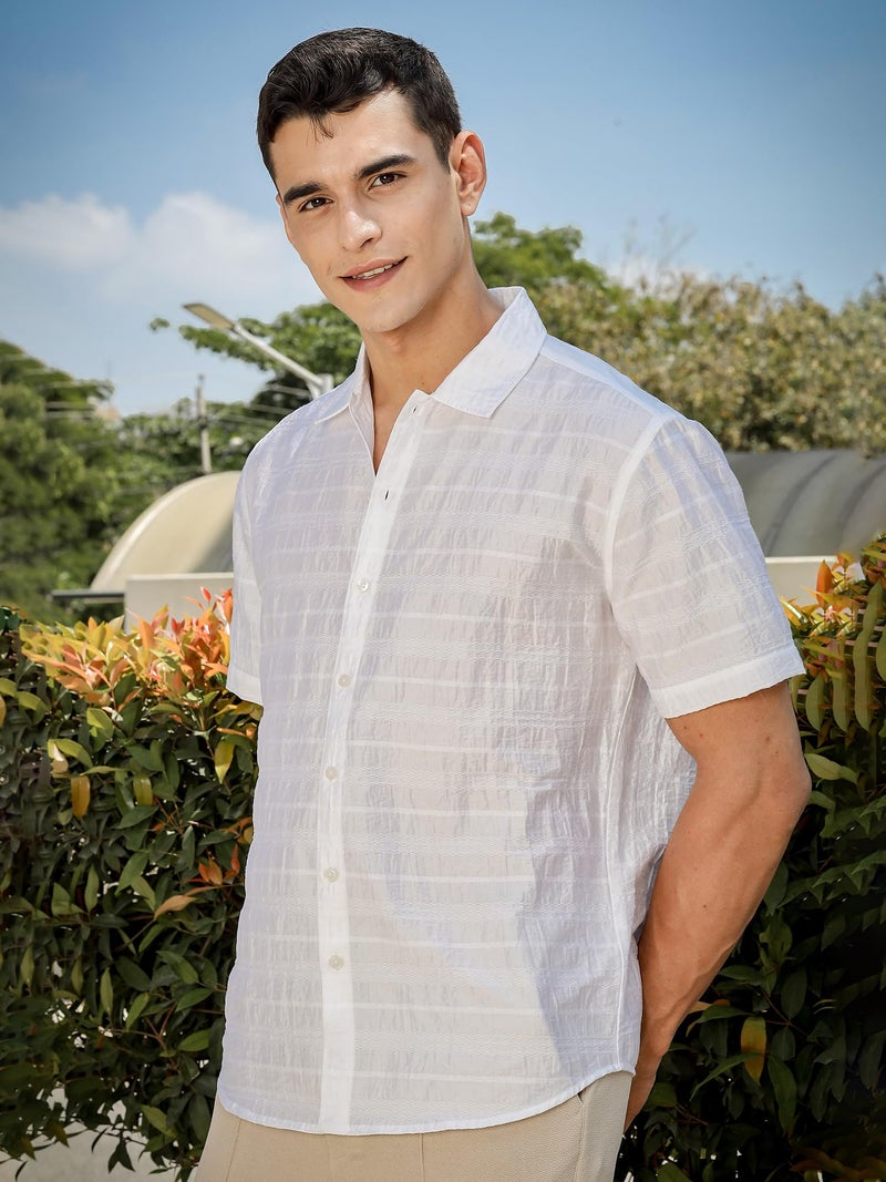 Thomas Scott Men | Short Sleeves | Horizontal Stripes | Nylon Rayon | Spread Collar | Casual Shirt(TS1735_White_L) - Image 4
