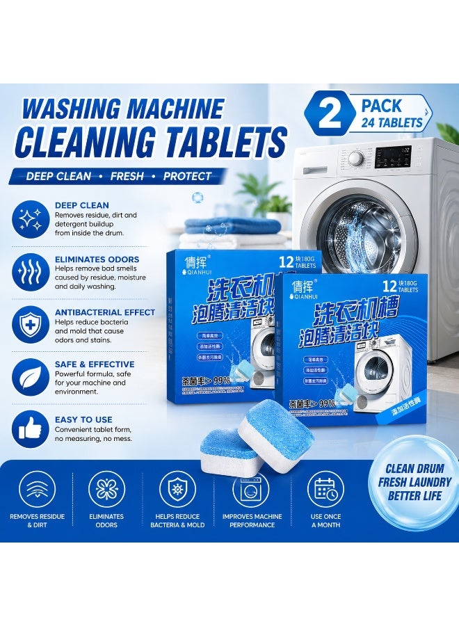 Washing Machine Cleaning Tablets 2 Pack 24 Tablets Deep Cleans Drum, Eliminates Odours, Front & Top Load - Image 2