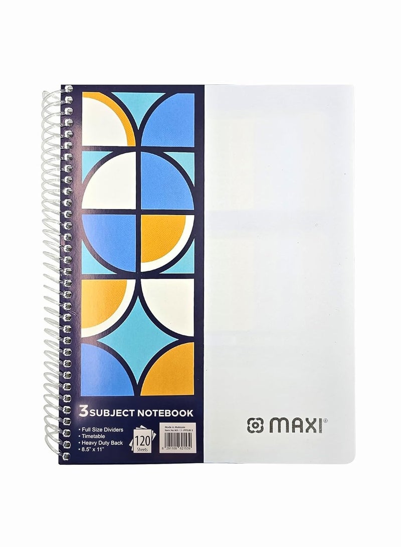 Maxi SPIRAL POLYPROPYLENE 3 SUBJECT NOTEBOOK 11 inches X 8.5 120 SHEETS,Assorted, PPSUB3 - Image 4