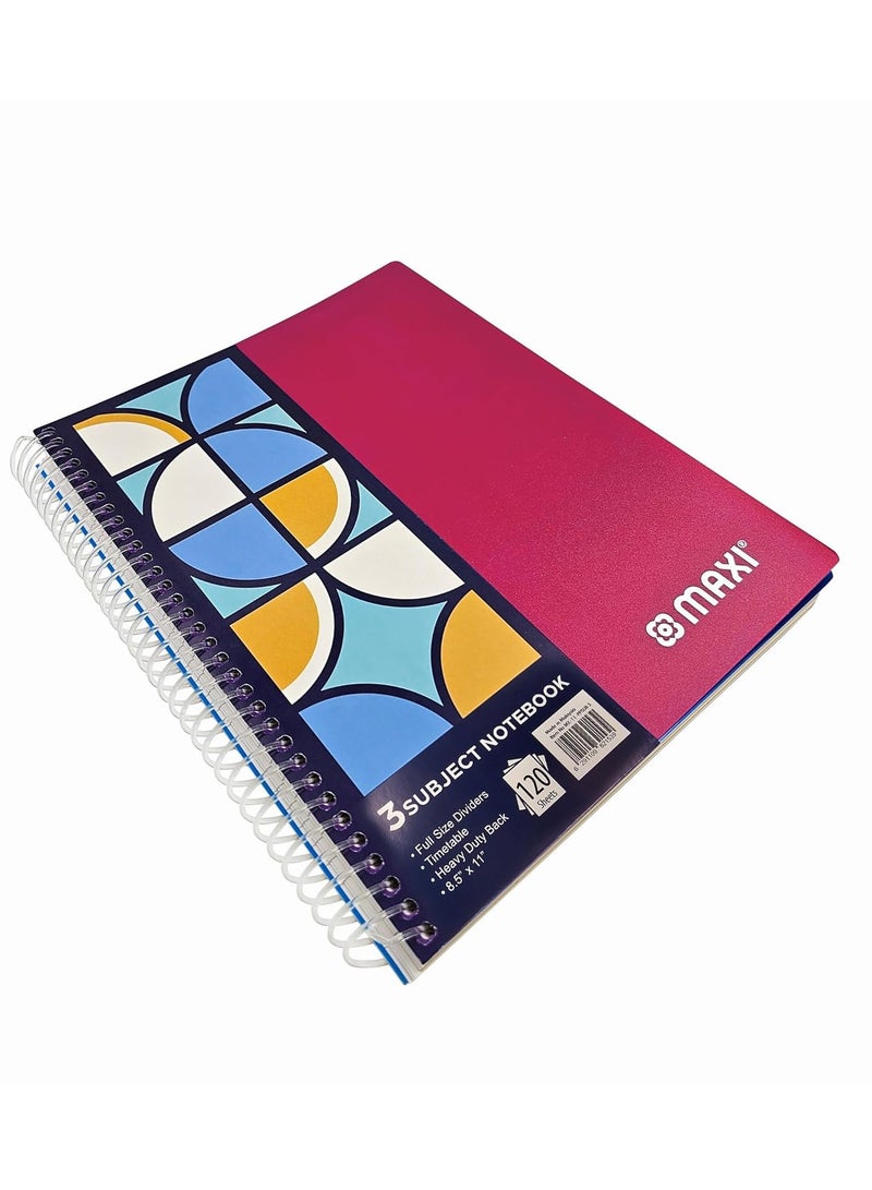 Maxi SPIRAL POLYPROPYLENE 3 SUBJECT NOTEBOOK 11 inches X 8.5 120 SHEETS,Assorted, PPSUB3 - Image 3