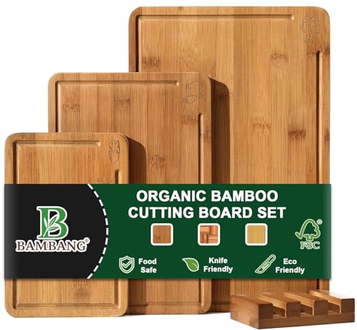 BAMBANG Bamboo Cutting Board, Dark Carbonized Chopping Boards Set of 3 with Stand, Butcher Block with Deep Juice Groove, Non-Toxic Wooden Cutting Boards for Kitchen Meal Prep & Serving - Image 1