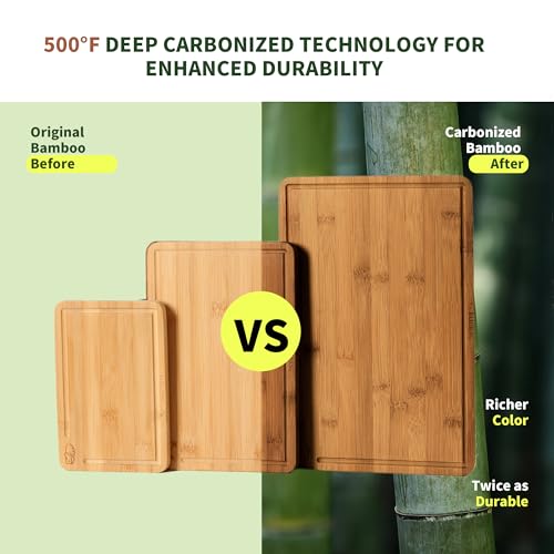 BAMBANG Bamboo Cutting Board, Dark Carbonized Chopping Boards Set of 3 with Stand, Butcher Block with Deep Juice Groove, Non-Toxic Wooden Cutting Boards for Kitchen Meal Prep & Serving - Image 4