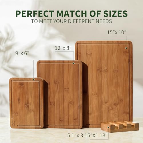 BAMBANG Bamboo Cutting Board, Dark Carbonized Chopping Boards Set of 3 with Stand, Butcher Block with Deep Juice Groove, Non-Toxic Wooden Cutting Boards for Kitchen Meal Prep & Serving - Image 5