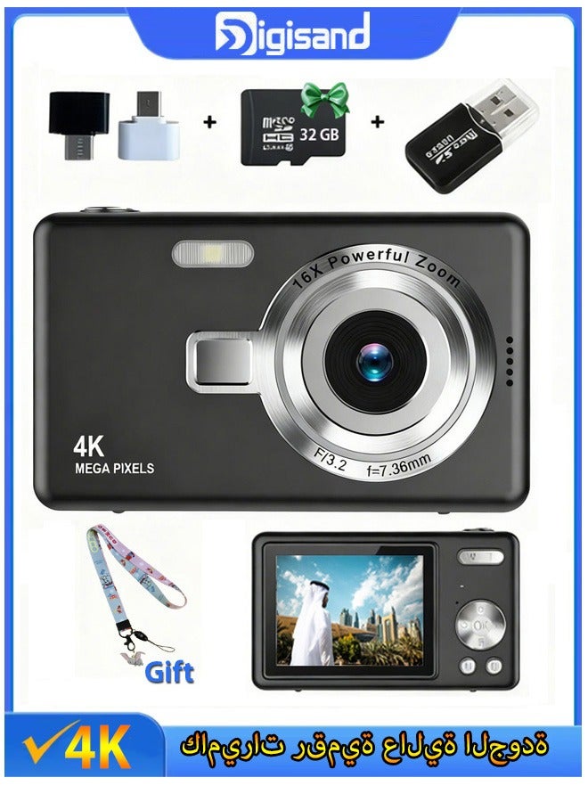 ديقيساند كاميرا رقمية بدقة 4K | كاميرا فيديو مضادة للاهتزاز | تقريب بصري 16x | فيديو عالي الدقة 1080P بدقة 48 ميجابكسل | كاميرا محمولة سوداء اللون، سهلة الاستخدام، مزودة بضبط تلقائي للصورة | بطاقة ذاكرة TF سعة 32 جيجابايت + حبل تعليق بتصميم كرتوني - Image 1