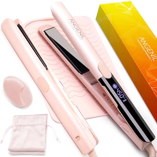ANGENIL Pro Titanium Flat Iron Hair Straightener and Curler 2 in 1, Round Pink Dual Voltage Hair Straightener Irons with Heat Resistant Silicone Mat Hot Tools, Large LCD Display, 20S Fast Heating - Image 1