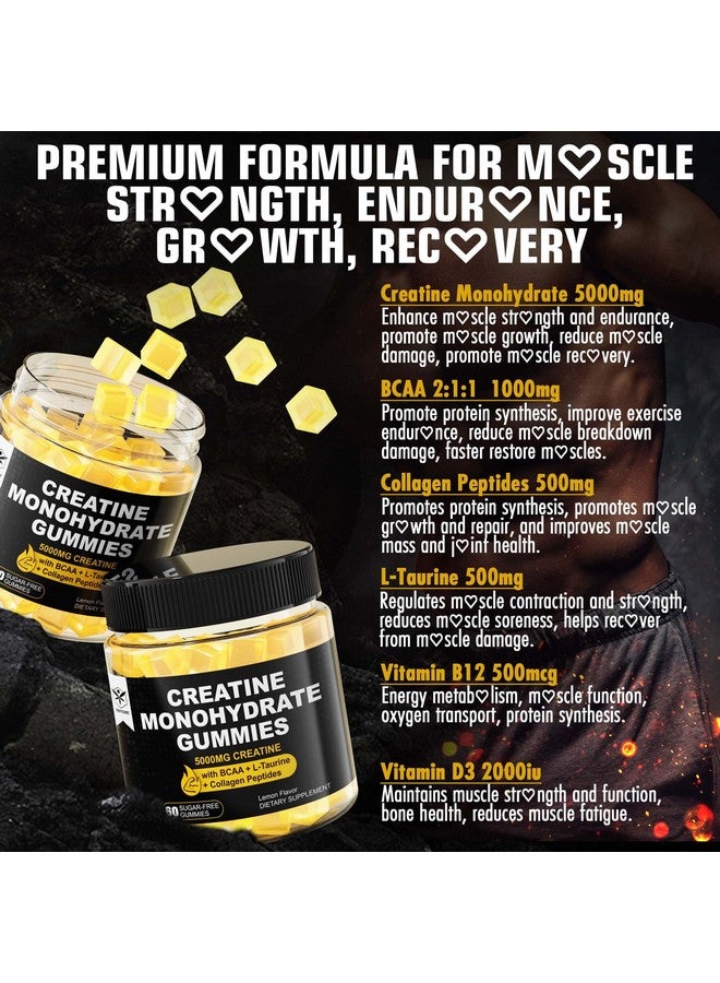 EnvyCure Creatine Monohydrate Gummies for Men & Women - with BCAA, Collagen Peptides, L-Taurine, Vitamin B12, D3, Chewables Creatine Monohydrate 5g Per Serving, Natural Lemon Flavor, Sugar Free, 2 Pack - Image 3