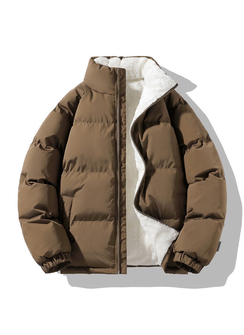 Generic - 1 x 5 pcs Autumn Winter New Style Korean Loose Fit Thickened Sheep Cotton Padded Coat Womens Cropped Stand Collar Puffer Jacket Trendy Wh Brown - Image 1