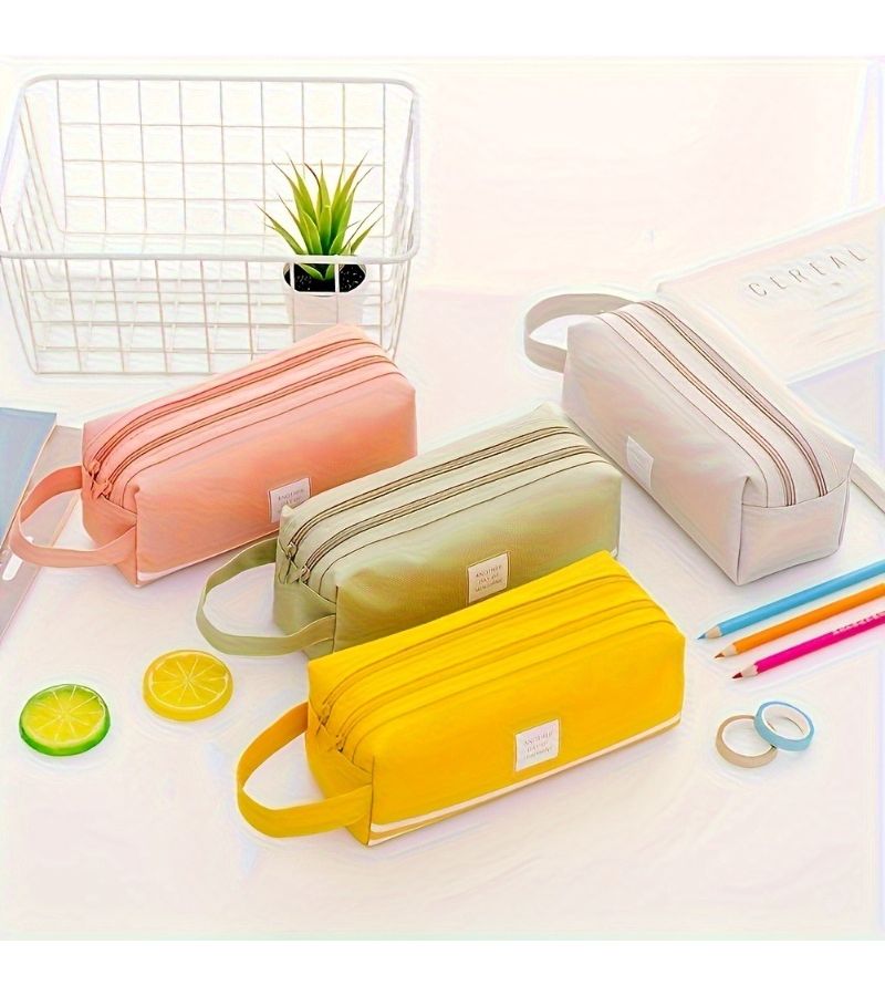 One Large Double Layer Pencil Case Yellow With High Capacity Durable Material Double Zipper Design Handle And Removable Shoulder Strap For School Office - Image 2