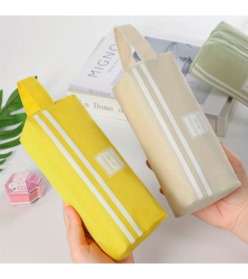 One Large Double Layer Pencil Case Yellow With High Capacity Durable Material Double Zipper Design Handle And Removable Shoulder Strap For School Office - Image 5
