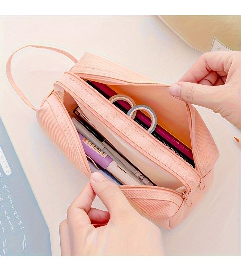 One Large Double Layer Pencil Case Yellow With High Capacity Durable Material Double Zipper Design Handle And Removable Shoulder Strap For School Office - Image 4
