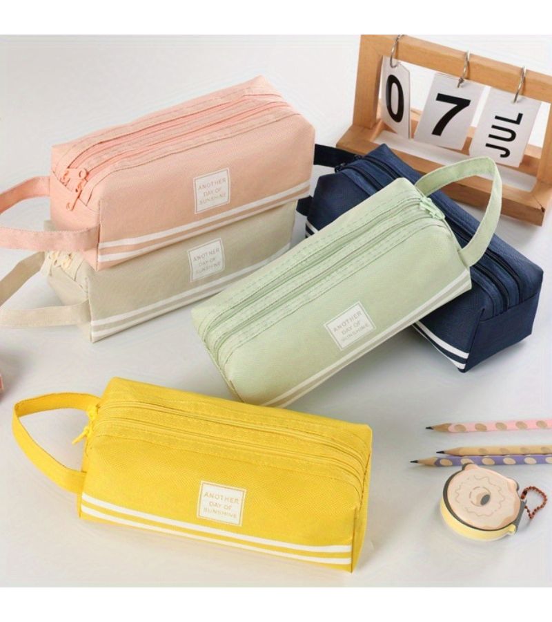 One Large Double Layer Pencil Case Yellow With High Capacity Durable Material Double Zipper Design Handle And Removable Shoulder Strap For School Office - Image 1