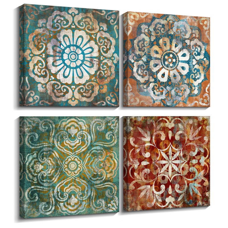 Mofutinpo Wall Art Vintage Flowers Pattern Canvas Prints Pictures for Bedroom Wall Decor 14x14 inches 4 Pieces Artwork Ready to Hang for Home Bathroom Kitchen Office Decoration - Image 1