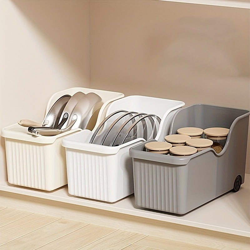 4 storage boxes, open storage boxes, kitchen cabinet storage boxes, storage racks with pulleys for kitchenware LIDS, storage baskets for miscellaneous items, and cabinet storage boxes - Image 4