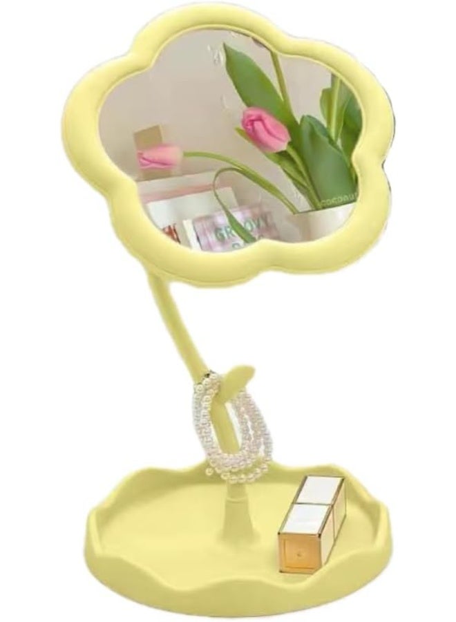 مرآة مكياج على شكل زهرة مع صينية - مرآة سطح مكتب قابلة للتعديل، تصميم عباد الشمس اللطيف للحمام وغرفة النوم وطاولة الزينة - ديكور منزلي وهدية (أصفر) - Image 1