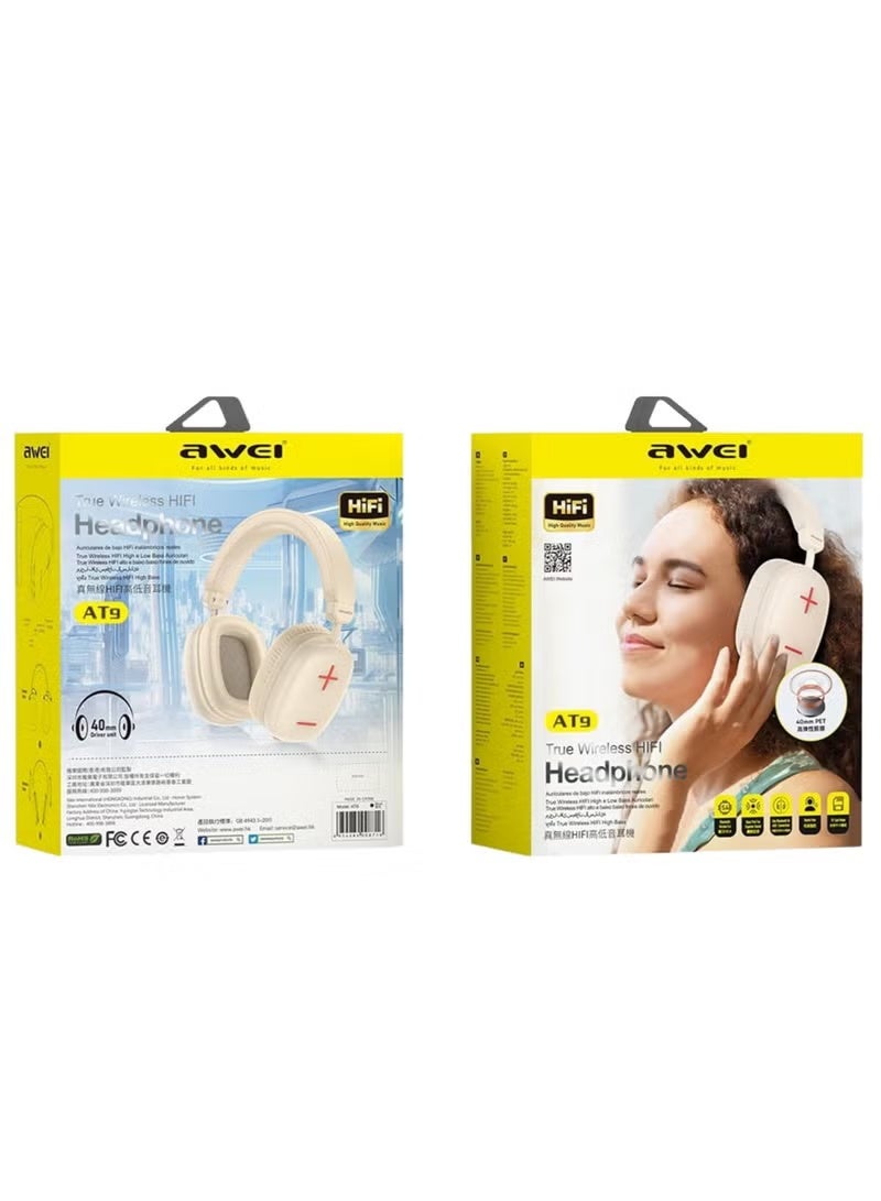 Awei AT9 True Wireless Headphone - Stereo Sound With HD Microphone. Lightweight Foldable Body - Off White - Image 3