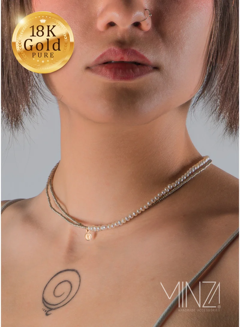 Minza ” Victoria ” Pure 18K Gold, Pearl Stone, Handmade Necklace for Women, Beaded Necklace, 0.500 grams of Gold, Jewelry for Casual & Special Occasion