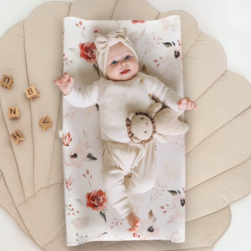 GRSSDER Stretch Ultra Soft Jersey Knit Changing Pad Cover Set 2 Pack, Change Table Pad Covers Fit 32"/34" x 16" Pads Safe and Snug, Pretty Watercolor Rose Flora for Baby Girls, Orange Pink - Image 3