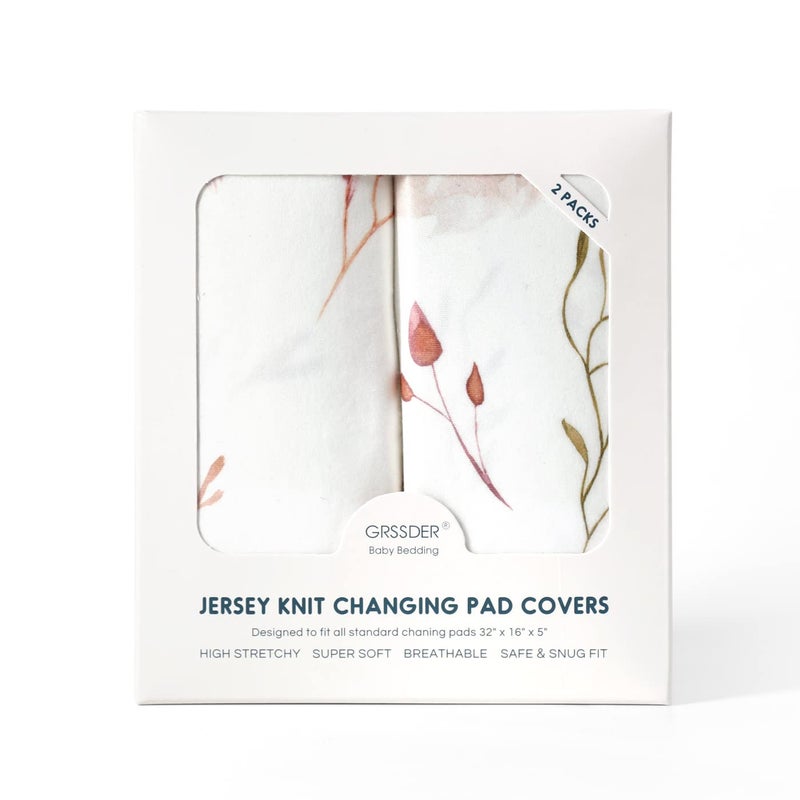 GRSSDER Stretch Ultra Soft Jersey Knit Changing Pad Cover Set 2 Pack, Change Table Pad Covers Fit 32"/34" x 16" Pads Safe and Snug, Pretty Watercolor Rose Flora for Baby Girls, Orange Pink - Image 4