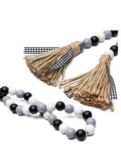 NIBEMINENT Plaid Wood Beads 41'' Garland Winter Rustic with Jute Rope Tassel Tiered Tray Decoration Farmhouse Home Decor for Room Ornament  - Image 3