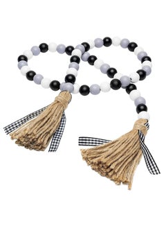 NIBEMINENT Plaid Wood Beads 41'' Garland Winter Rustic with Jute Rope Tassel Tiered Tray Decoration Farmhouse Home Decor for Room Ornament  - Image 1