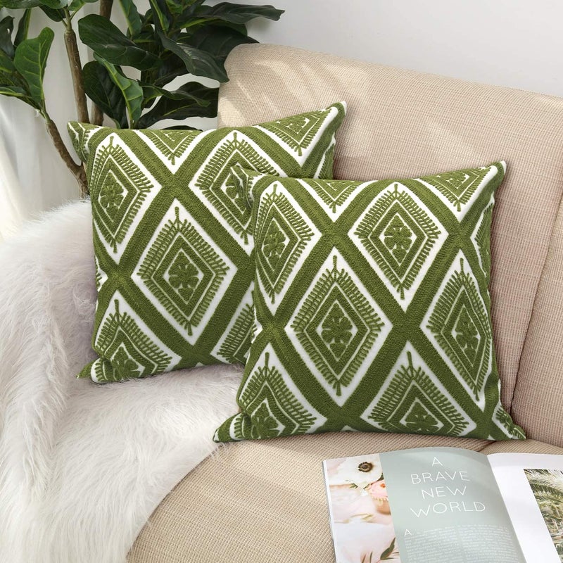 Alysheer Embroidered Decorative Throw Pillow Covers 18x18 inches Set of 2 Pieces Boho Geometric Modern Chic Classic Pattern Cotton Cushion Cases for Sofa Couch Bed Living RoomOlive Green