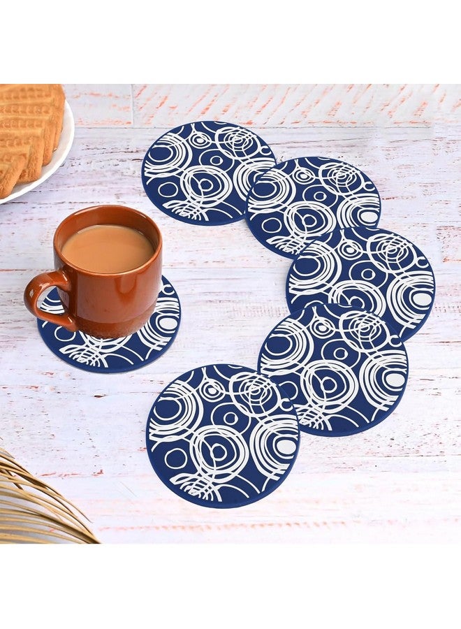 Kuber Industries Kuber Industries Set of 6 Silicon Coaster with Plastic Holder Stand for Hot Pots - Water Absorbent Tea Cup & Water Glass Cover Top Lid | White Circles - Blue  - Image 1