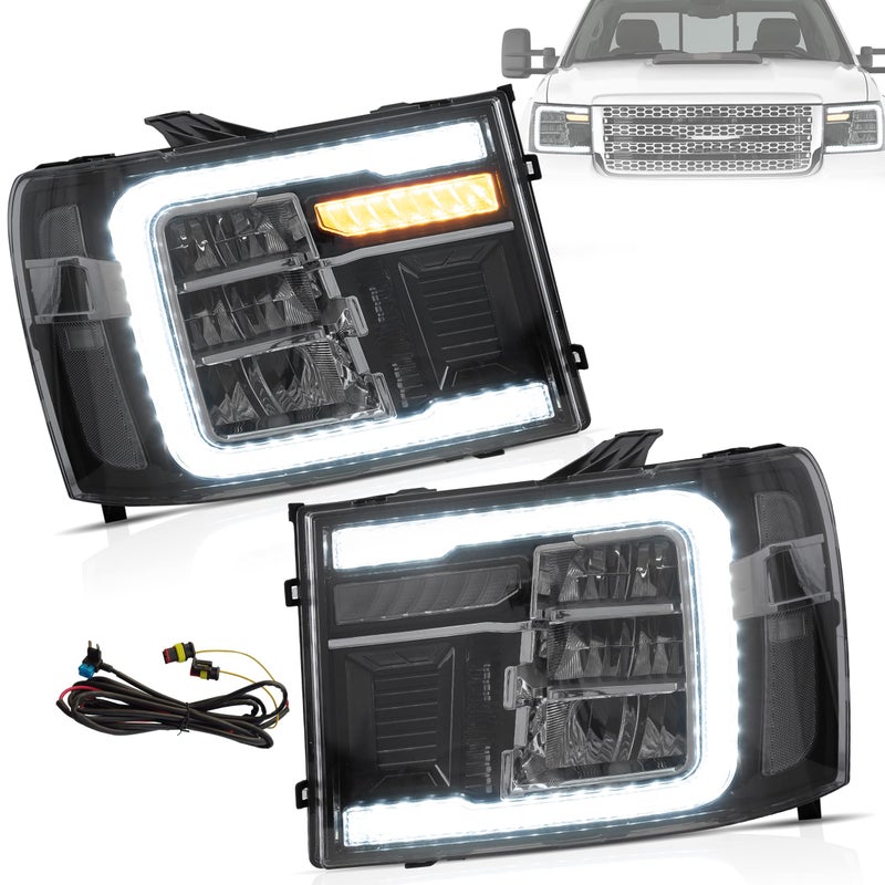 VLAND Headlights Assembly Compatible with GMC Sierra 2007-2013 1500HD 2500HD 3500HD, Full LED, Plug-and-play, Reflection Bowl(Not for Classic Models), Clear Reflector - Image 1