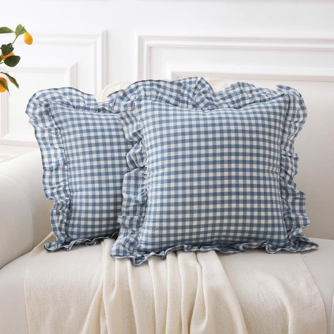 2 PACK DUST BLUE WHITE PLAID GINGHAM RUFFLE THROW PILLOW COVERS 100 WASHED COTTON DECORATIVE BUFFALO CHECKERED FARMHOUSE PILLOW SHAMS 18X18