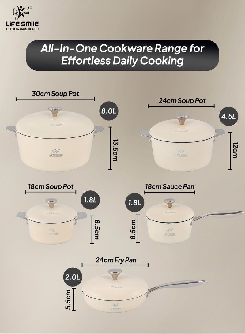 Life Smile 8-Piece Aluminum Cookware Set – Non-Stick Pots & Pans with Induction Bottom | 30/24/18cm Soup Pots, 18cm Saucepan & 24cm Fry Pan | Multi-Layer Non-Stick, Oven-Safe Cooking Set - Image 3