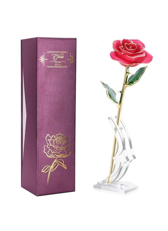 ZJchao - 24K Rose For Her Dipped Gold Rose Eternity Love Real Golden Plated Preserved Eternal Flower With Rose Stand Present For Wife/Girlfriend/Daughter () - Image 1