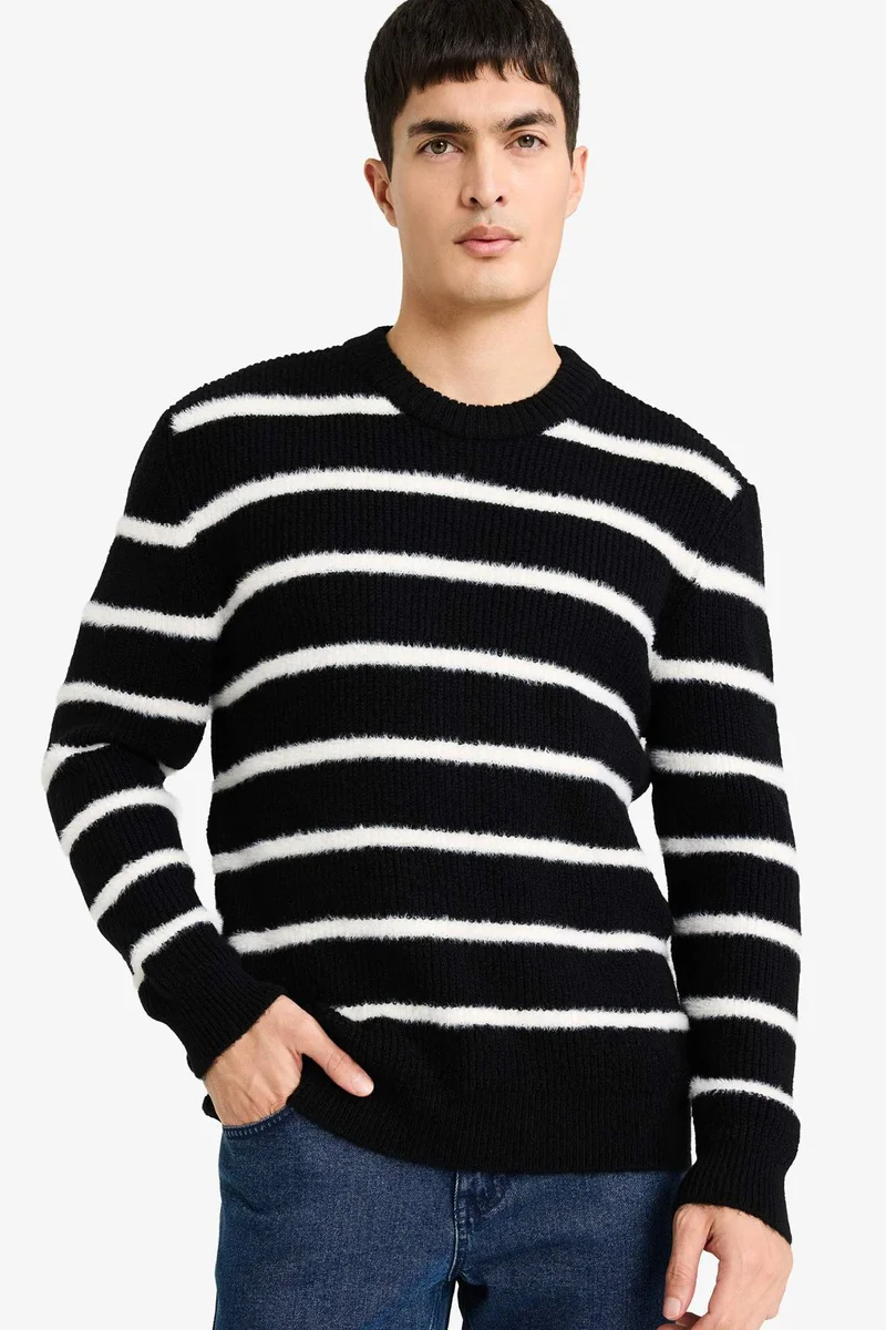 ديفاكتو Standard Fit Crew Neck Knit Striped Pullover