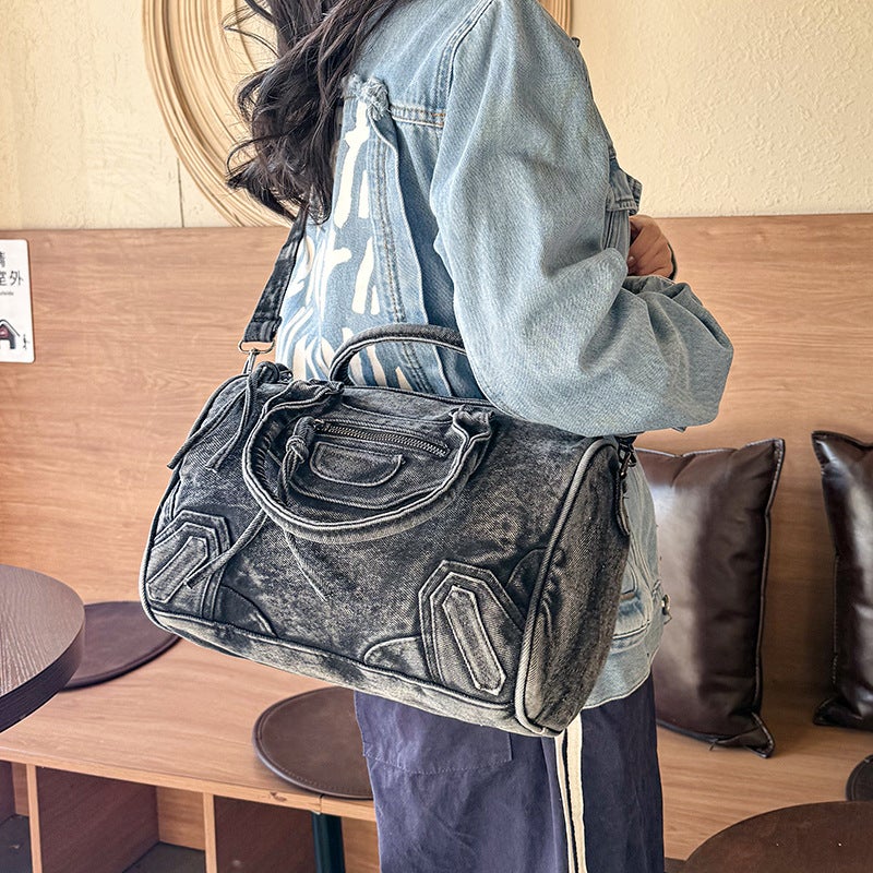 Large Capacity Denim Handbag Womens 2025 New Vintage Shoulder Crossbody Bag Casual Ruiying Tote Bag Black - Image 4