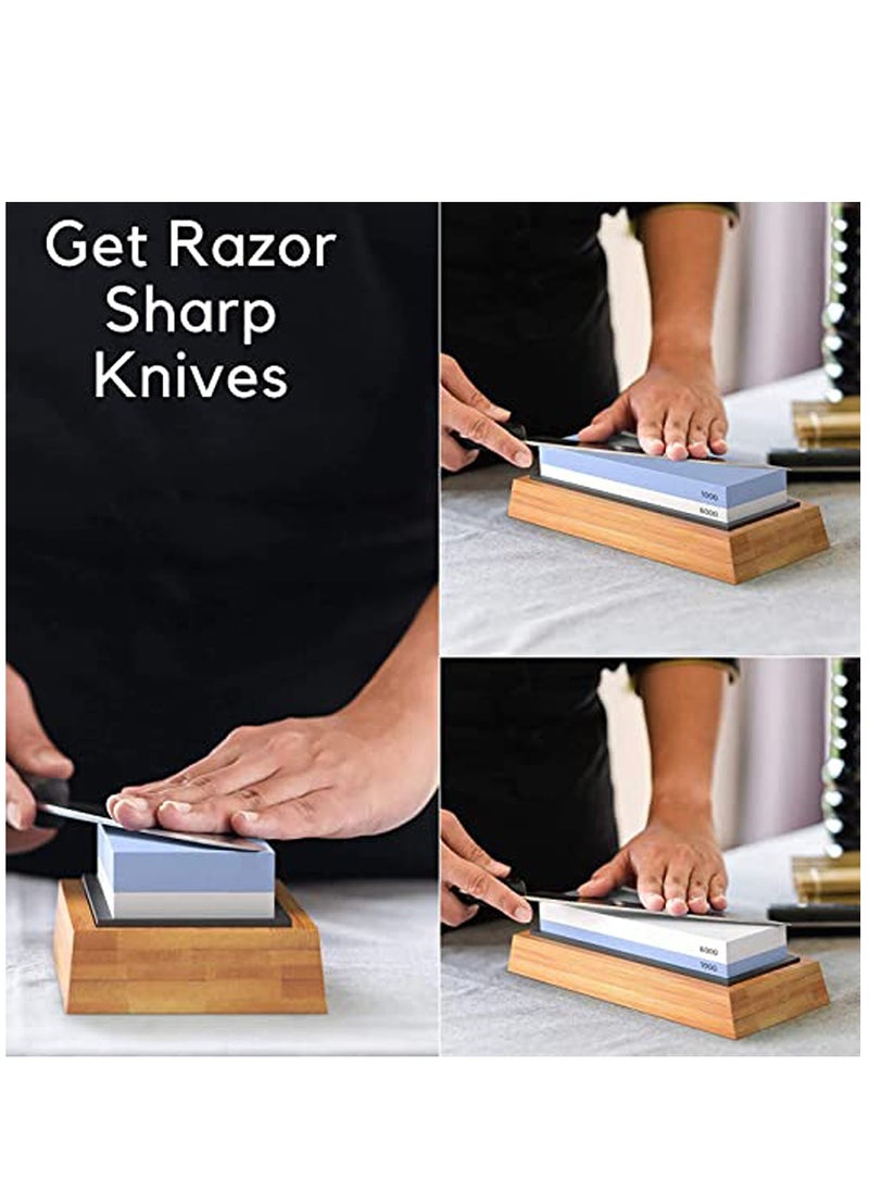 KASTWAVE - Sharpening Stone 1000/6000 Grits Two Sides Professional Whetstone Knife Sharpener, Premiun Water Whetstone on Non-Slip Silicone Holder & Bamboo Block - Image 1