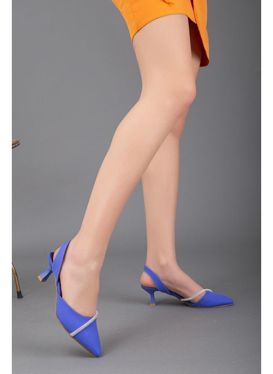 Dilimler Ayakkabı - Satin Single Row Stoned Saks Blue Large Size Women's Shoes with High Heels - Image 1