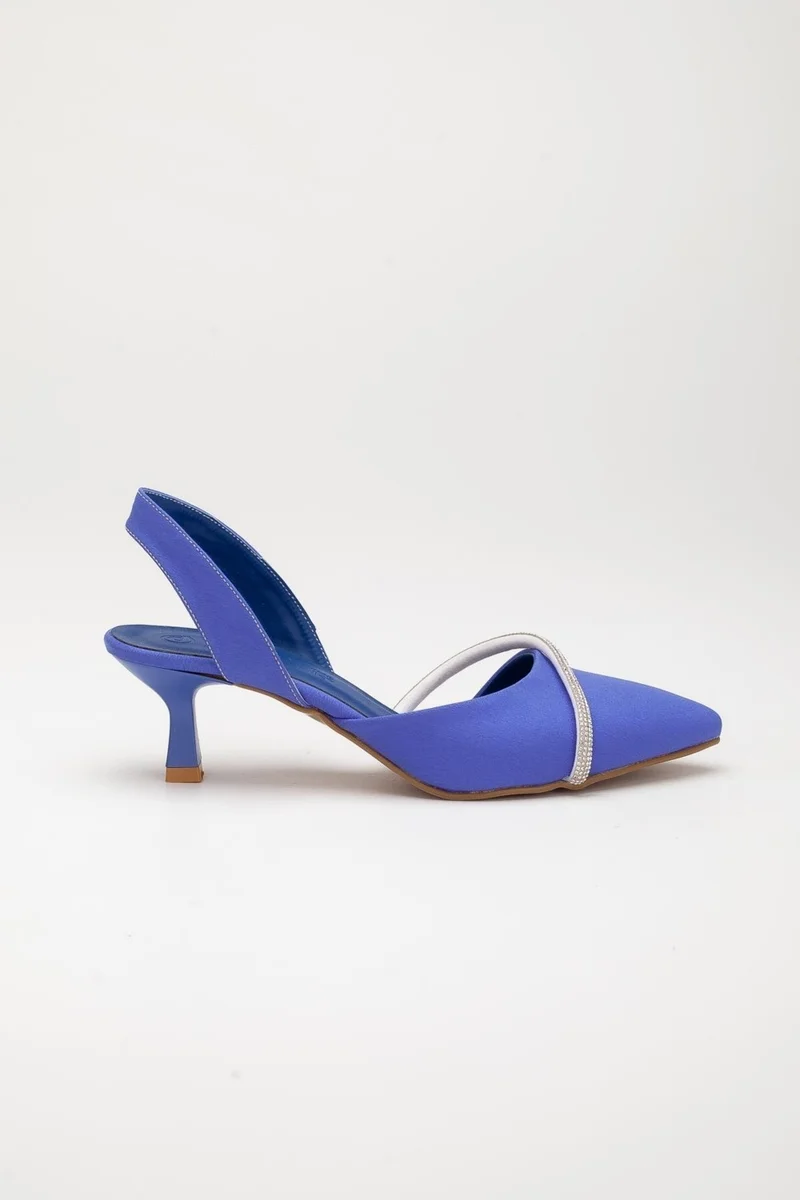 Dilimler Ayakkabı Satin Single Row Stoned Saks Blue Large Size Women's Shoes with High Heels
