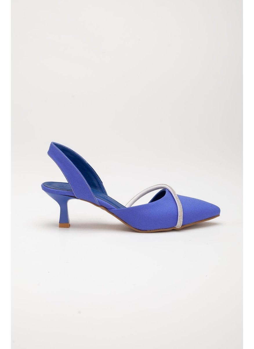 Dilimler Ayakkabı - Satin Single Row Stoned Saks Blue Large Size Women's Shoes with High Heels - Image 1