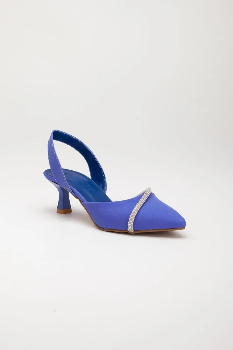 Dilimler Ayakkabı Satin Single Row Stoned Saks Blue Large Size Women's Shoes with High Heels