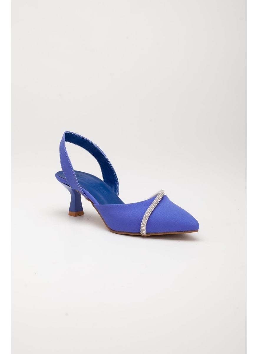 Dilimler Ayakkabı - Satin Single Row Stoned Saks Blue Large Size Women's Shoes with High Heels - Image 1