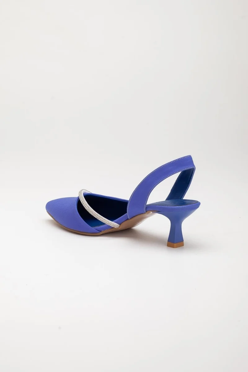 Dilimler Ayakkabı Satin Single Row Stoned Saks Blue Large Size Women's Shoes with High Heels