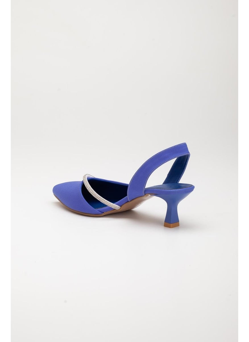 Dilimler Ayakkabı - Satin Single Row Stoned Saks Blue Large Size Women's Shoes with High Heels - Image 1